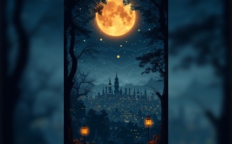 Ramadan Kareem greeting card poster design with moon & trees