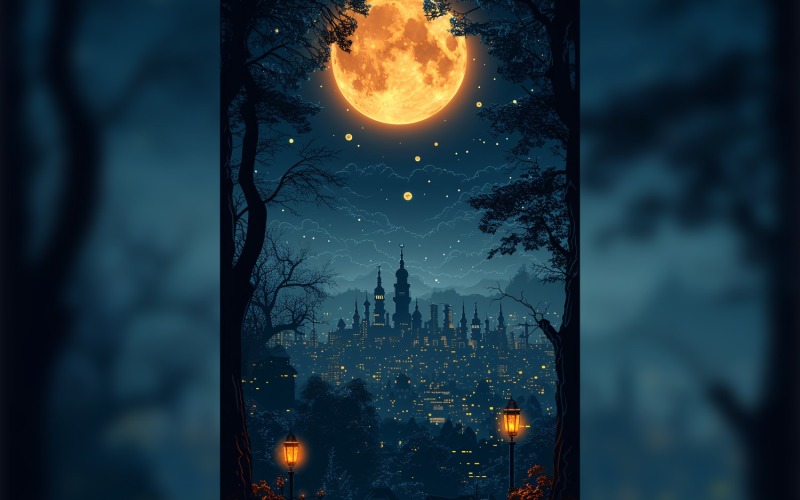 Ramadan Kareem greeting card poster design with moon & trees Background