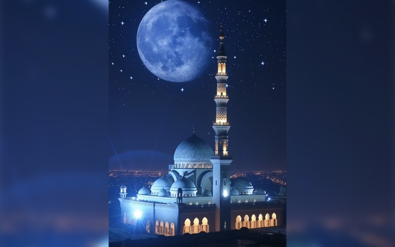 Ramadan Kareem greeting card poster design with moon and mosque Background