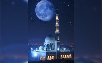 Ramadan Kareem greeting card poster design with moon and mosque