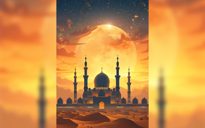 Ramadan Kareem greeting card poster design with mosque & moon and desert Background