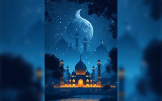 Ramadan Kareem greeting card poster design with mosque & moon background 01