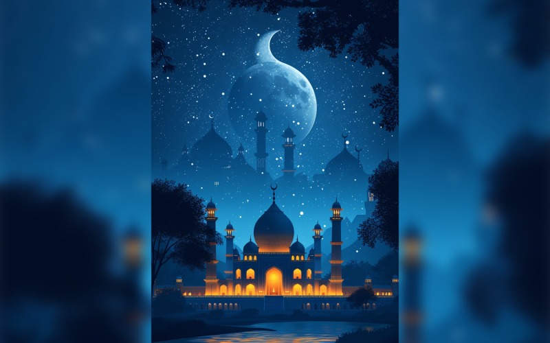 Ramadan Kareem greeting card poster design with mosque & moon background 01 Background