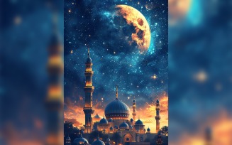 Ramadan Kareem greeting card poster design with mosque & moon background