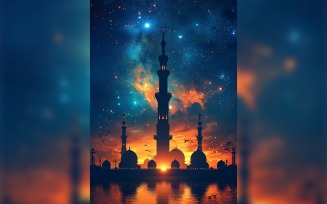 Ramadan Kareem greeting card poster design with mosque & star background 01
