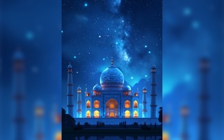 Ramadan Kareem greeting card poster design with mosque & star background