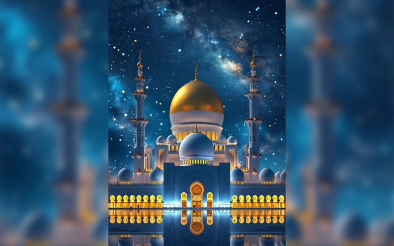 Ramadan Kareem greeting card poster design with mosque & star Background