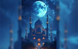 Ramadan Kareem greeting card poster design with mosque and moon 01