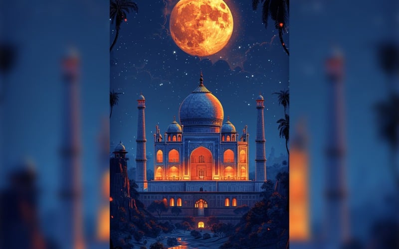 Ramadan Kareem greeting card poster design with mosque and moon Background