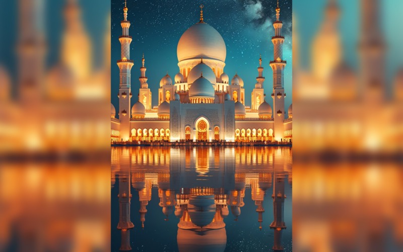 Ramadan Kareem greeting card poster design with mosque minar Background