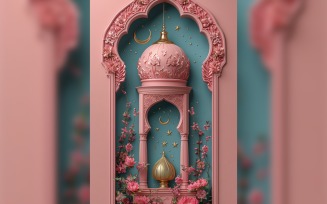Ramadan Kareem greeting card poster design with flower & arch background