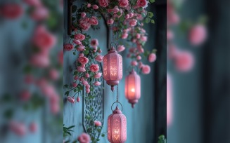 Ramadan Kareem greeting card poster design with flower & lantern background