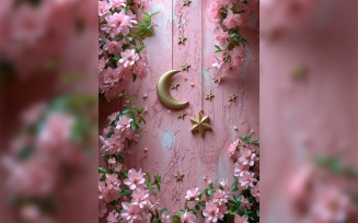 Ramadan Kareem greeting card poster design with flower & moon & star