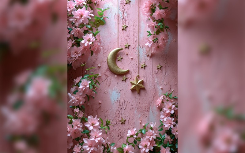 Ramadan Kareem greeting card poster design with flower & moon & star Background