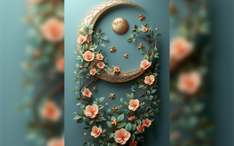 Ramadan Kareem greeting card poster design with flower & moon Background