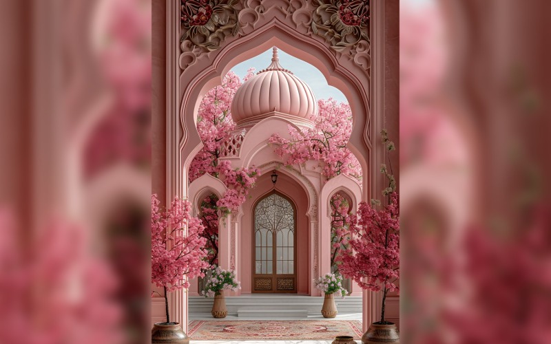 Ramadan Kareem greeting card poster design with flower & mosque minar Background