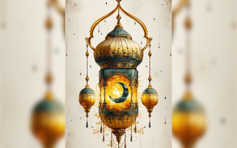 Ramadan Kareem greeting card poster design with golden lantern Background