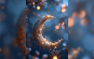 Ramadan Kareem greeting card poster design with golden moon & bokeh