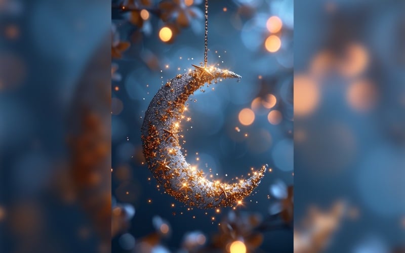 Ramadan Kareem greeting card poster design with golden moon & bokeh Background