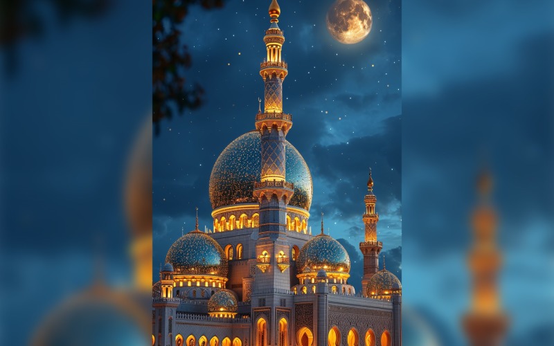 Ramadan Kareem greeting card poster design with golden mosque minar Background