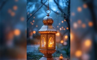 Ramadan Kareem greeting card poster design with lantern & bokeh 01