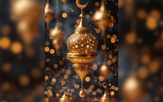 Ramadan Kareem greeting card poster design with lantern & bokeh 02