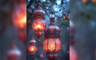 Ramadan Kareem greeting card poster design with lantern & bokeh 04
