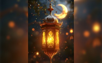 Ramadan Kareem greeting card poster design with lantern & bokeh with moon
