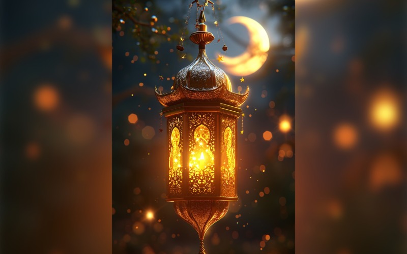 Ramadan Kareem greeting card poster design with lantern & bokeh with moon Background
