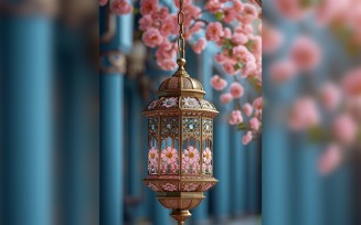 Ramadan Kareem greeting card poster design with lantern & flower 02