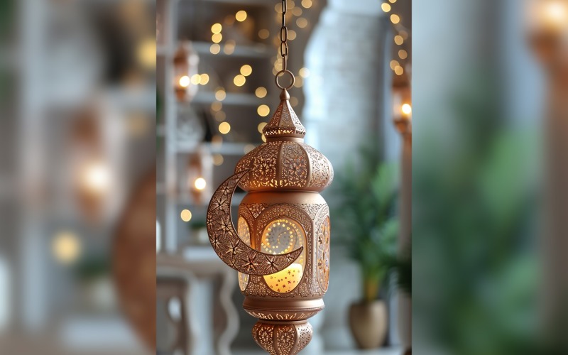 Ramadan Kareem greeting card poster design with lantern & moon Background