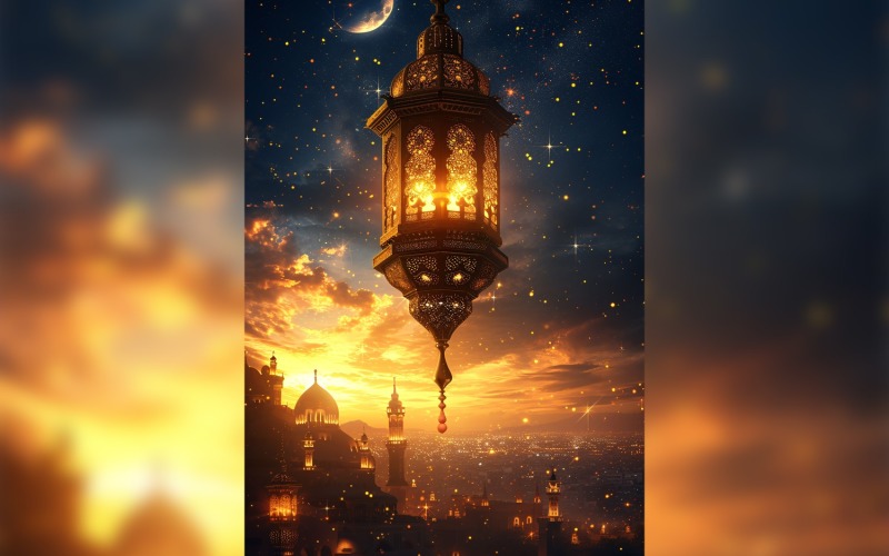 Ramadan Kareem greeting card poster design with lantern & star and mosque minar Background