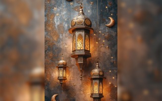 Ramadan Kareem greeting card poster design with lanterns & moon