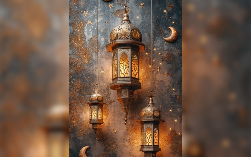 Ramadan Kareem greeting card poster design with lanterns & moon Background