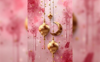 Ramadan Kareem greeting card poster design with moon & lantern on the pink watercolor background