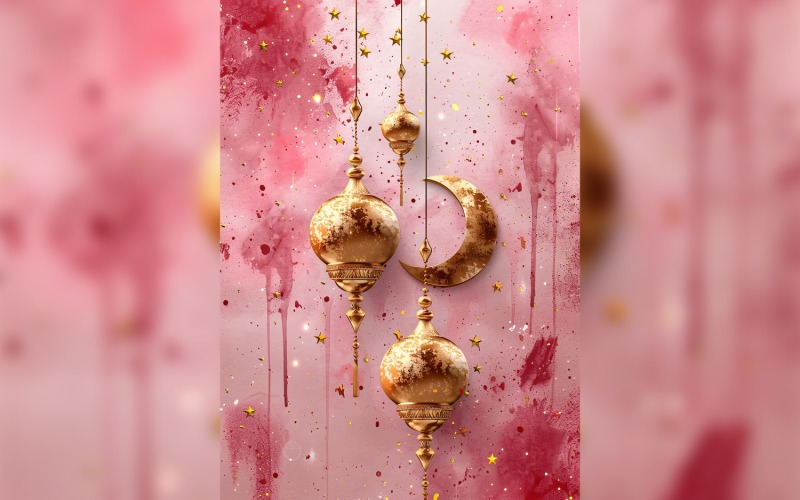 Ramadan Kareem greeting card poster design with moon & lantern on the pink watercolor background Background