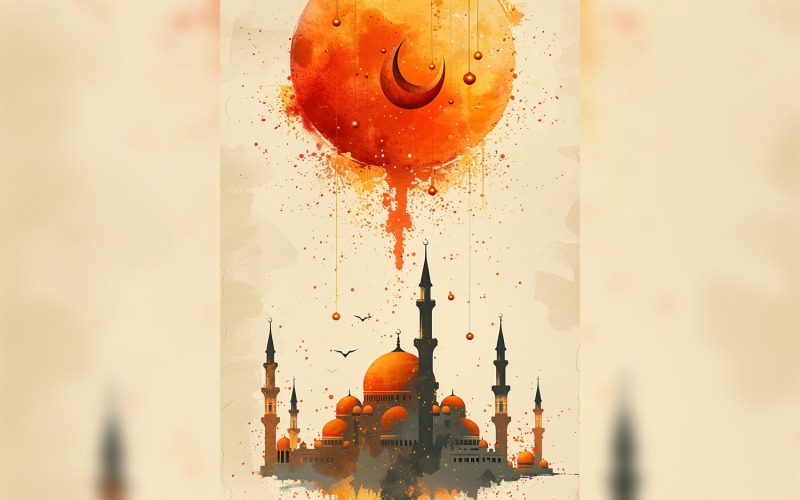 Ramadan Kareem greeting card poster design with moon & mosque 03 Background