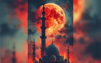Ramadan Kareem greeting card poster design with moon & mosque 04