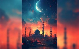 Ramadan Kareem greeting card poster design with moon & mosque 05
