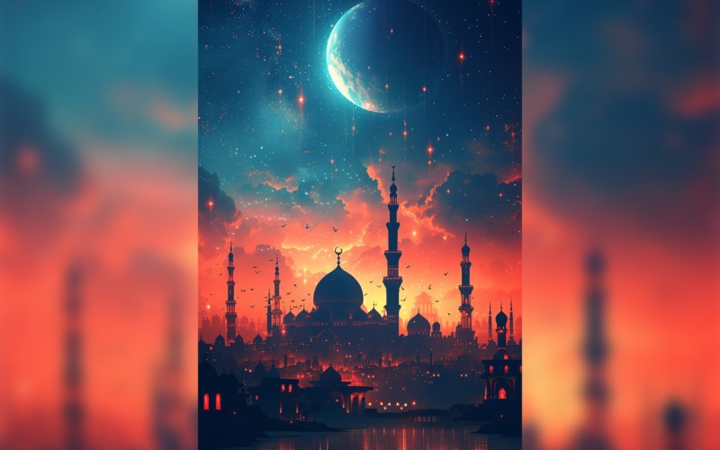 Ramadan Kareem greeting card poster design with moon & mosque 05 Background