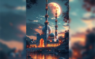 Ramadan Kareem greeting card poster design with mosque & moon 01