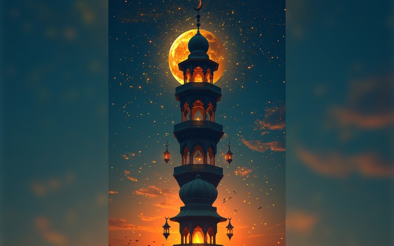 Ramadan Kareem greeting card poster design with mosque & moon Background