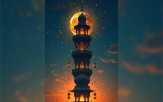 Ramadan Kareem greeting card poster design with mosque & moon