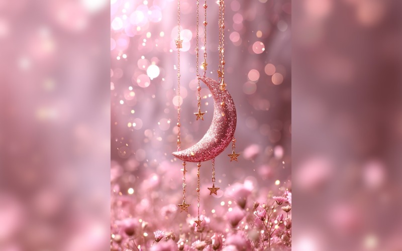 Ramadan Kareem greeting card poster design with pink moon & bokeh Background
