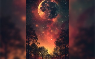 Ramadan Kareem greeting card poster design with star and moon in the forest background