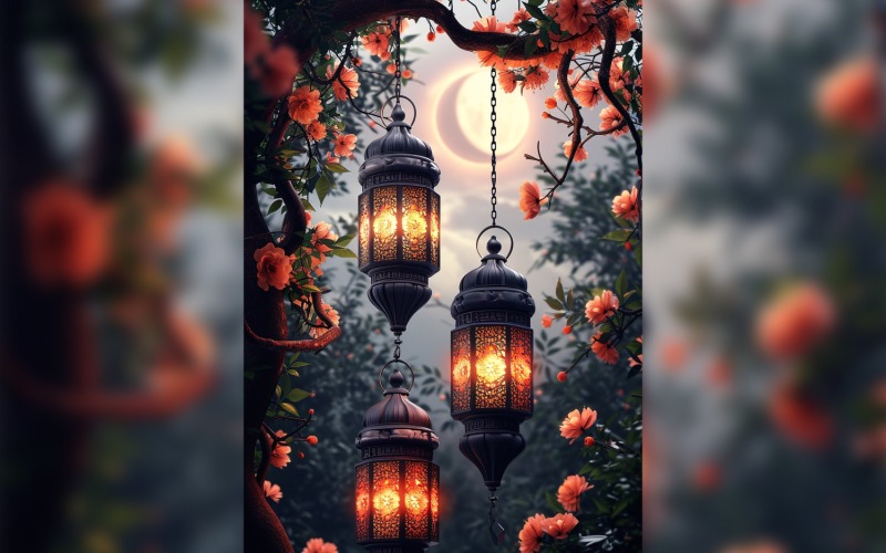 Ramadan Kareem greeting poster design with flower & lantern Background