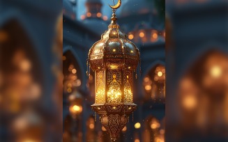 Ramadan Kareem greeting poster design with lantern & bokeh 01