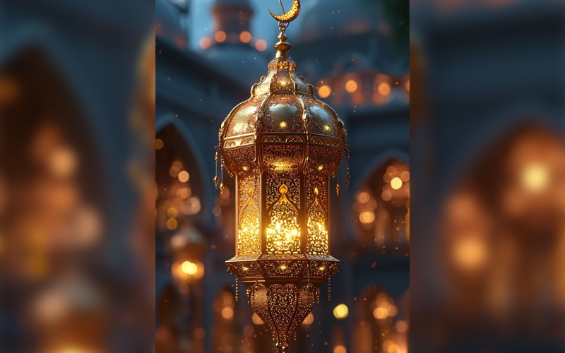 Ramadan Kareem greeting poster design with lantern & bokeh 01 Background