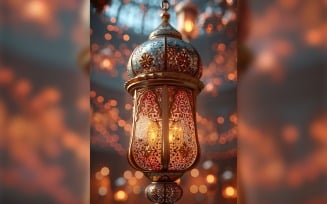 Ramadan Kareem greeting poster design with lantern & bokeh 04