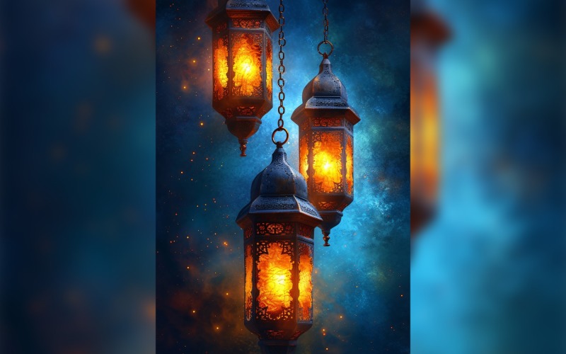 Ramadan Kareem greeting poster design with lantern & glitter Background
